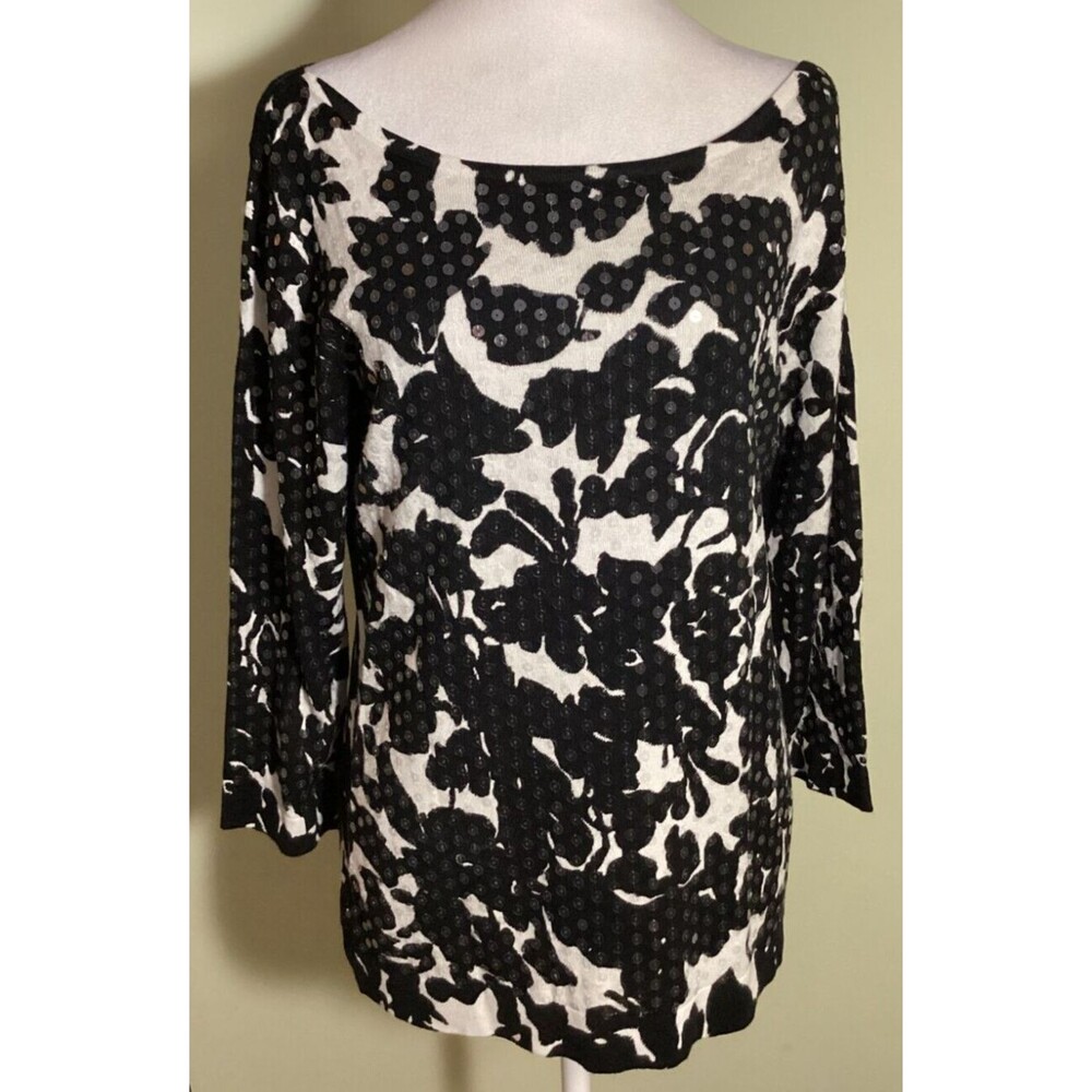 Carmen Marc Valvo Womens Size L Black & White Sequins 3/4 Sleeve Pullover Blouse